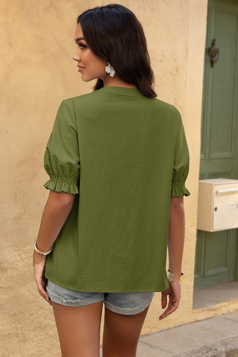 V Neck Boho Puff Short Sleeve Button Down Shirt