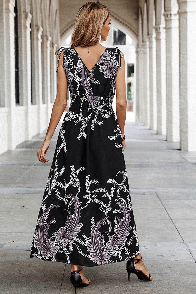 Cross V Neck Floral Print Sleeveless Fit Dress