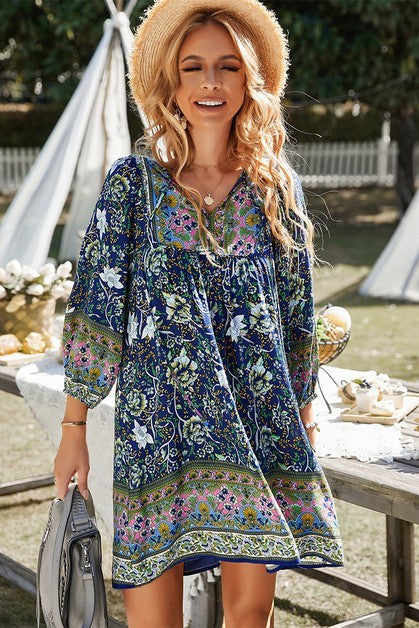 Floral V Neck Long Sleeve Boho A Line Dress