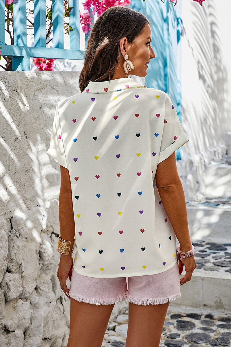 Heart Print Button Down Short Sleeve Loose Shirt