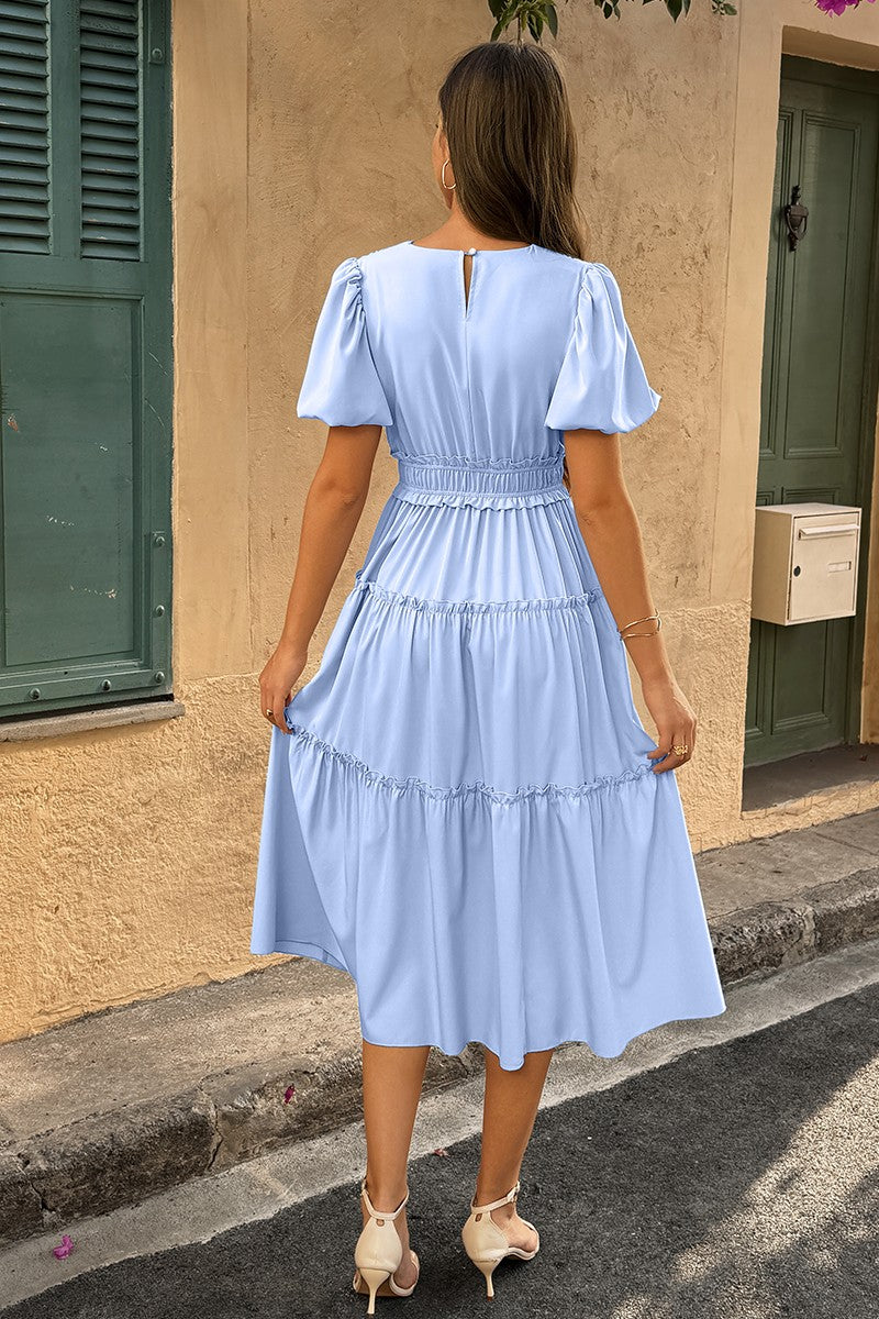 Solid V Neck Puff Sleeve Elastic Waist Dress