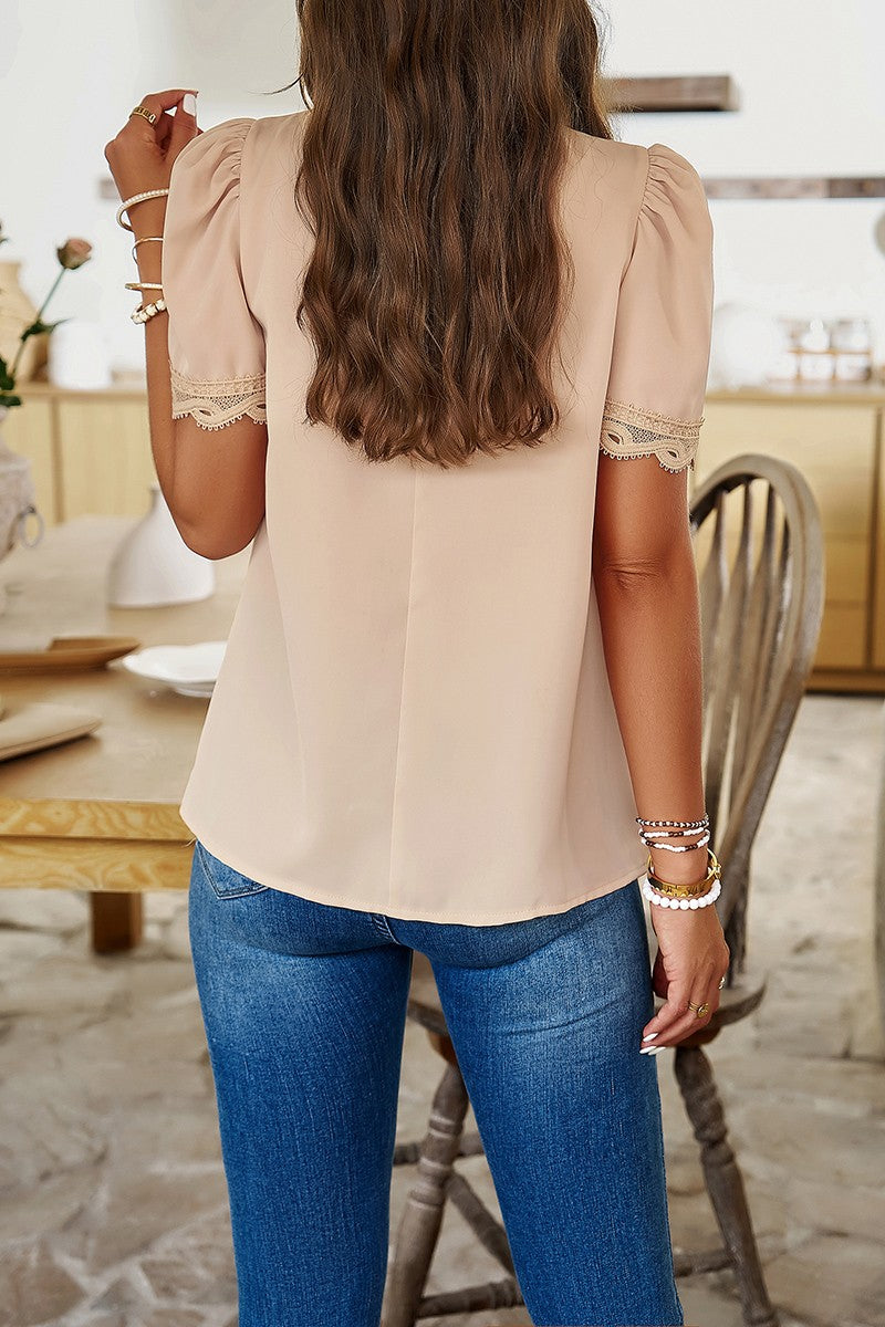 Crew Neck Solid Ruffle Loose Fit Dressy Elegant Shirt