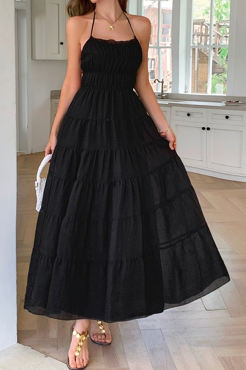 Solid Halter Ruched Textured Tiered Full Dress