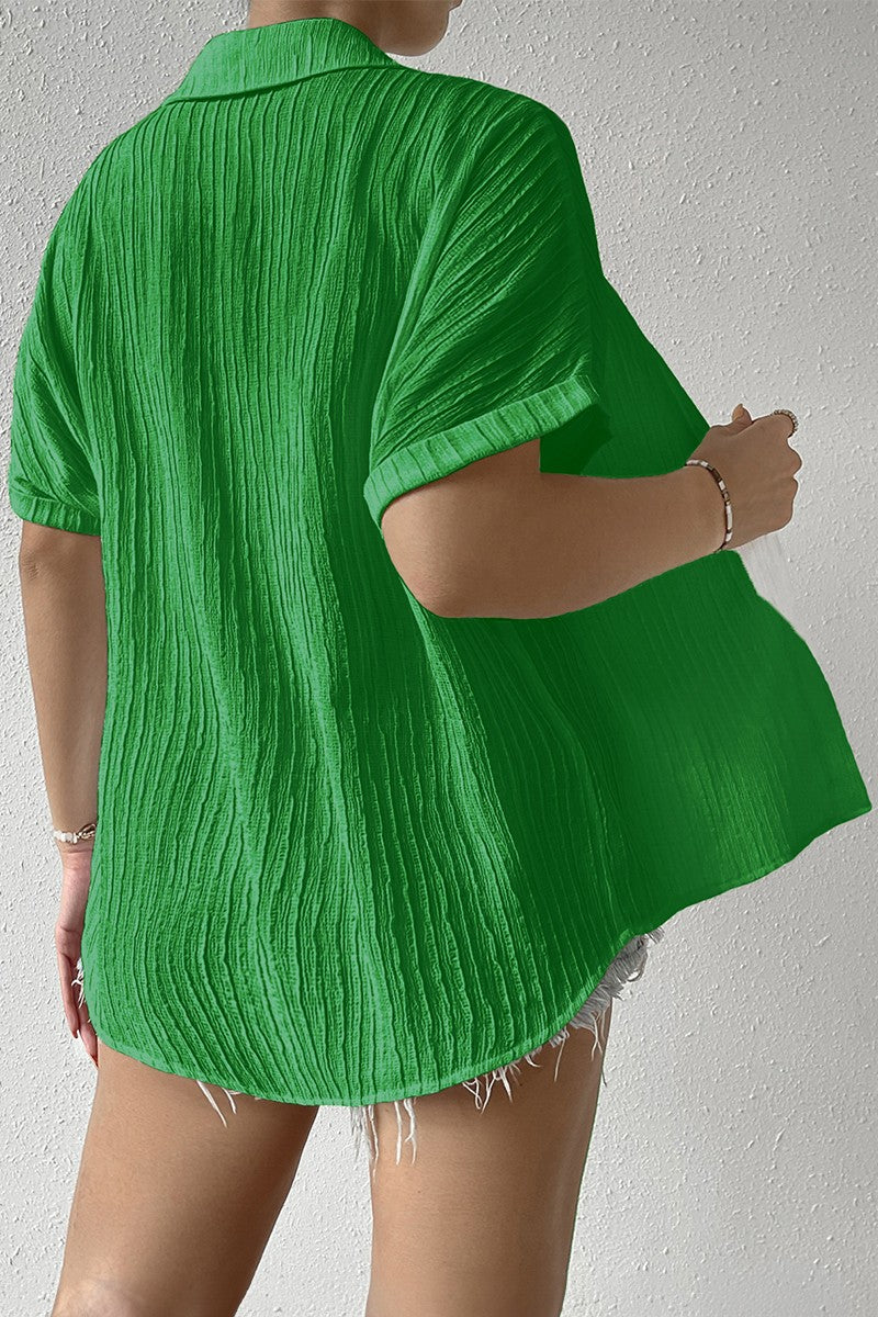 Button Down Lapel Pockets Loose Solid Shirt