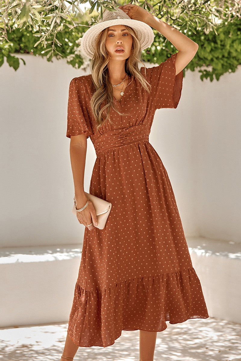 Dot V Neck Belt Solid Color Block Dress