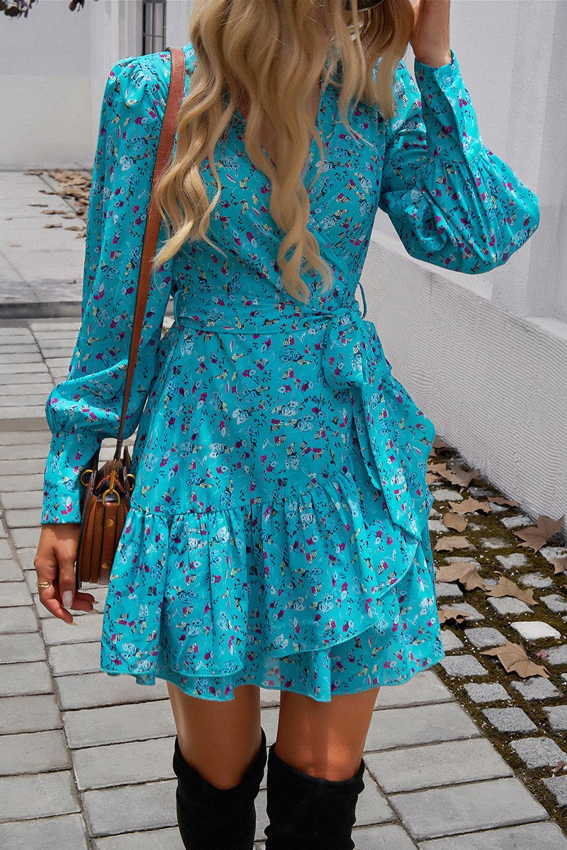 Floral Belt Puff Sleeves Fit Ruffle Hem Short Dress