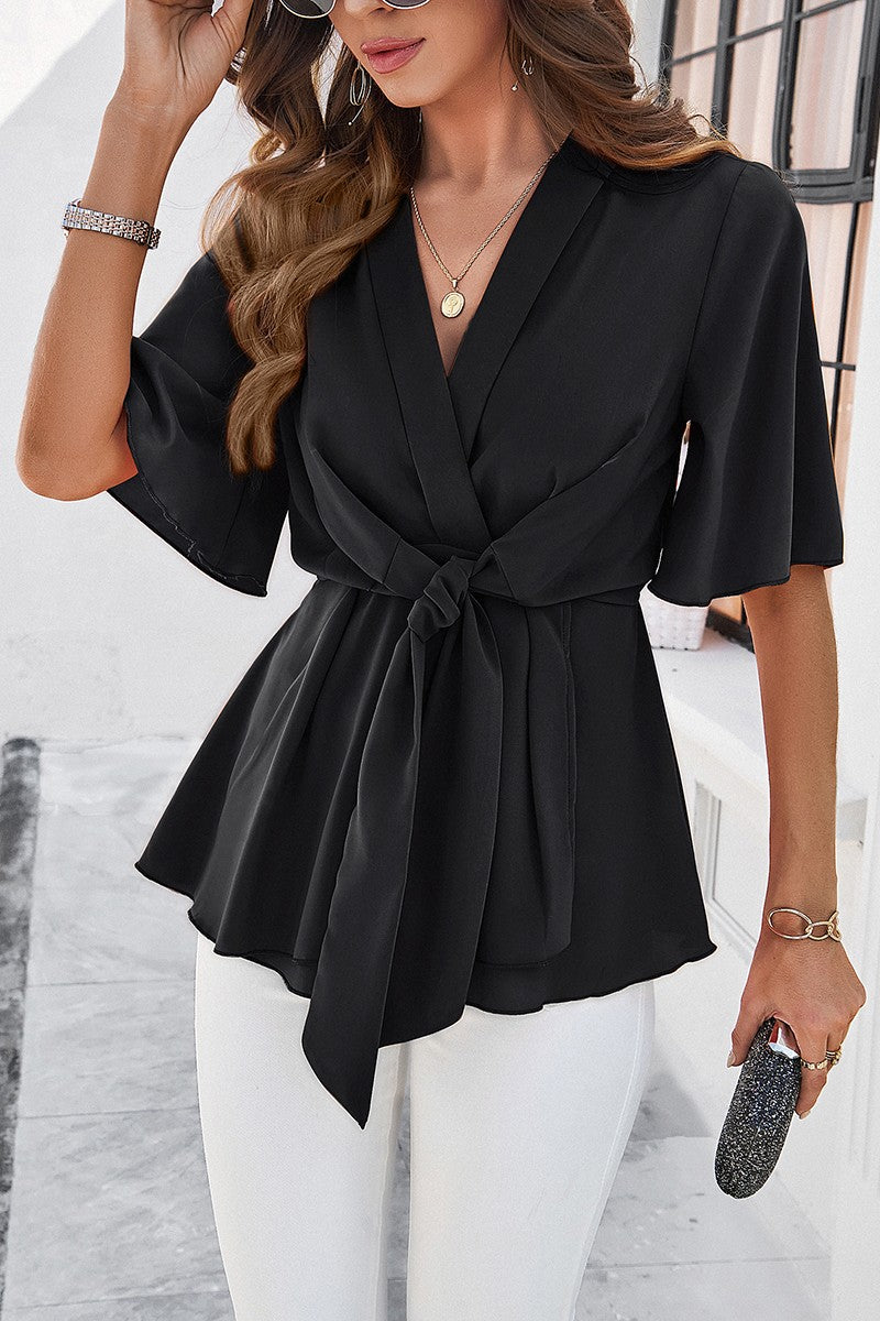 Wide Sleeve Deep V Knot Cross Ruffle Fit Blouse