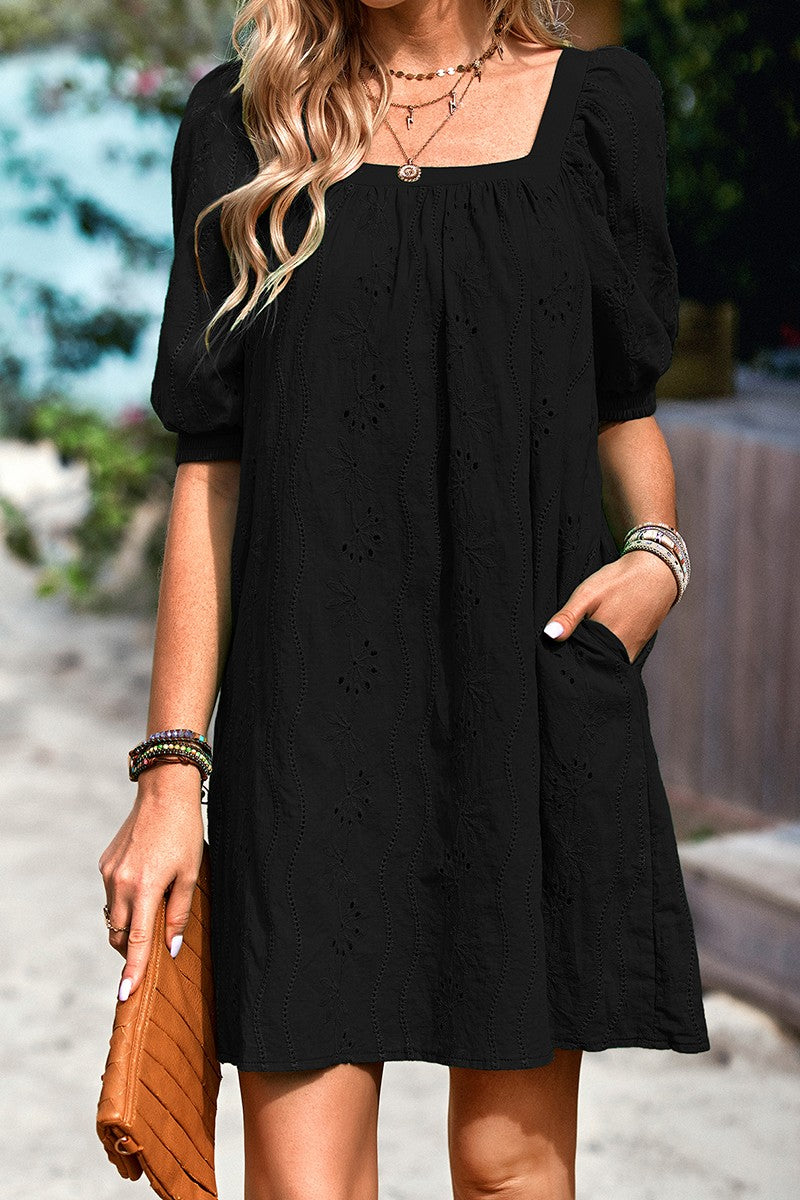 Square Neck Short Bubble Sleeve Babydoll Dress