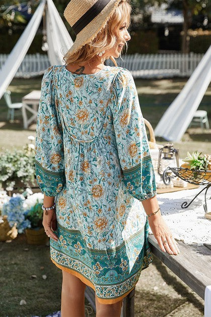 Floral V Neck Long Sleeve Boho A Line Dress