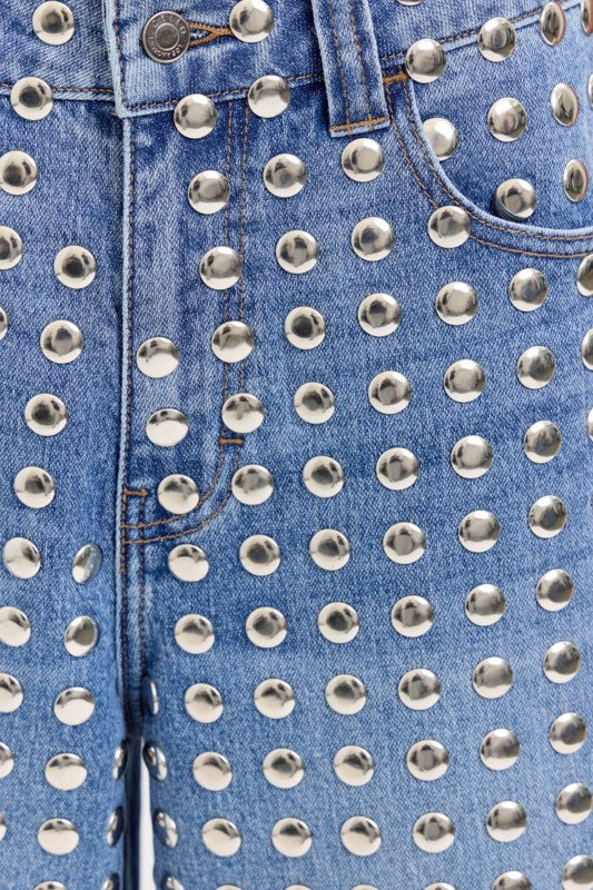 High Rise Wide Leg Denim Jort With Stud Detail