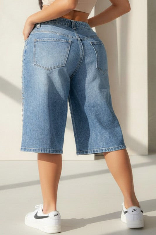 High Rise Wide Leg Denim Jort With Stud Detail