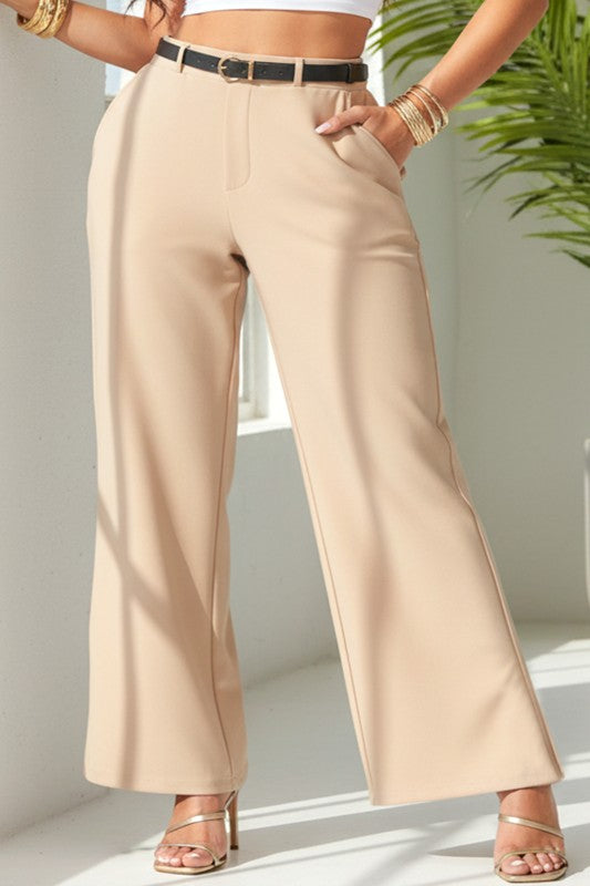 High Rise Wide Leg Trouser Pant With Belt