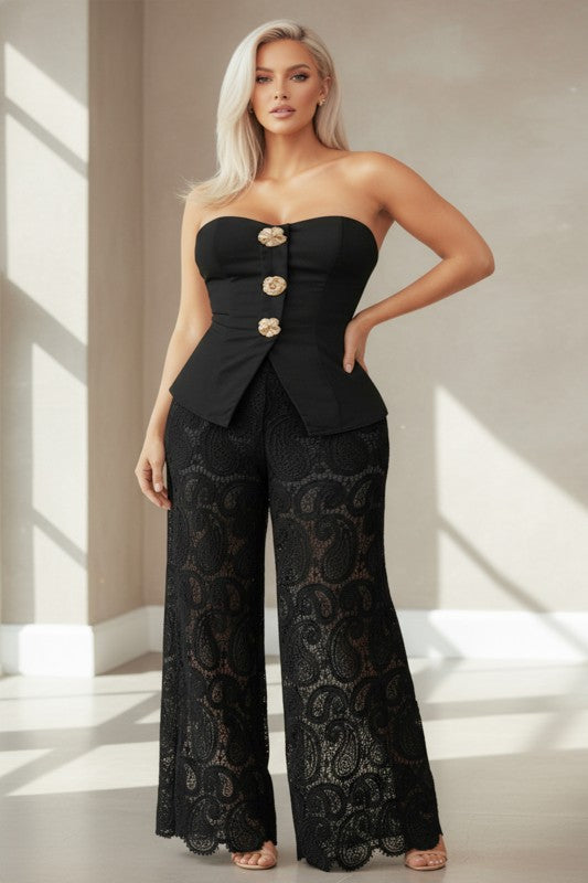Strapless Button Front Lace Pant Detail Jumpsuit With Lining