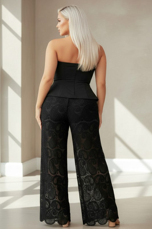 Strapless Button Front Lace Pant Detail Jumpsuit With Lining