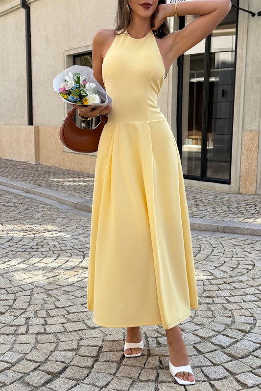 Halter Solid Dropped Hem Midi Dress