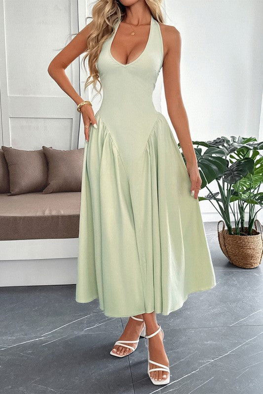 Solid Halter Hide Back Zipper Midi Sundress