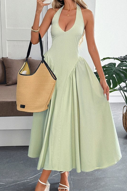Solid Halter Hide Back Zipper Midi Sundress