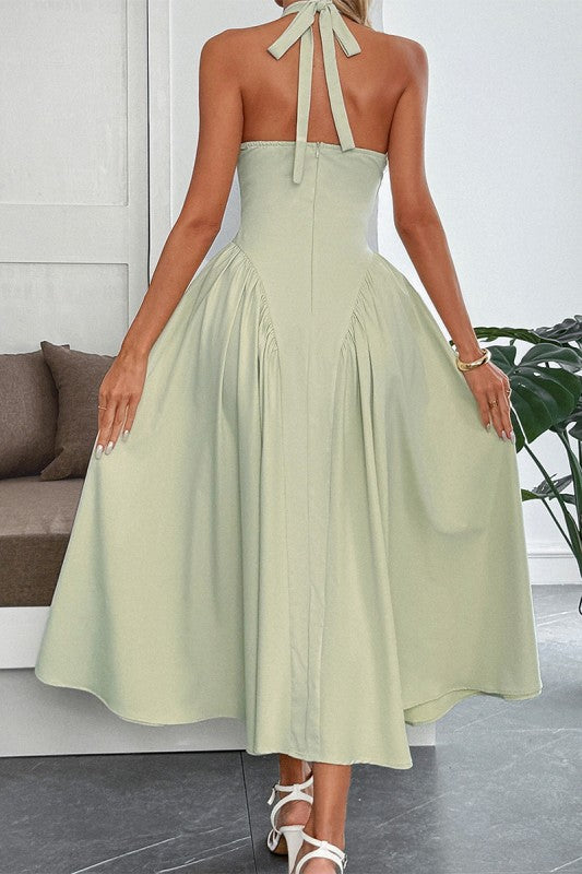 Solid Halter Hide Back Zipper Midi Sundress