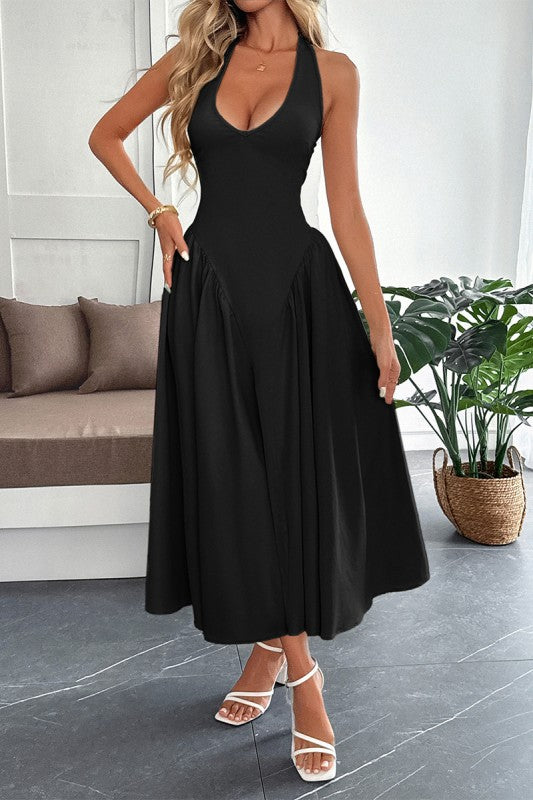 Solid Halter Hide Back Zipper Midi Sundress