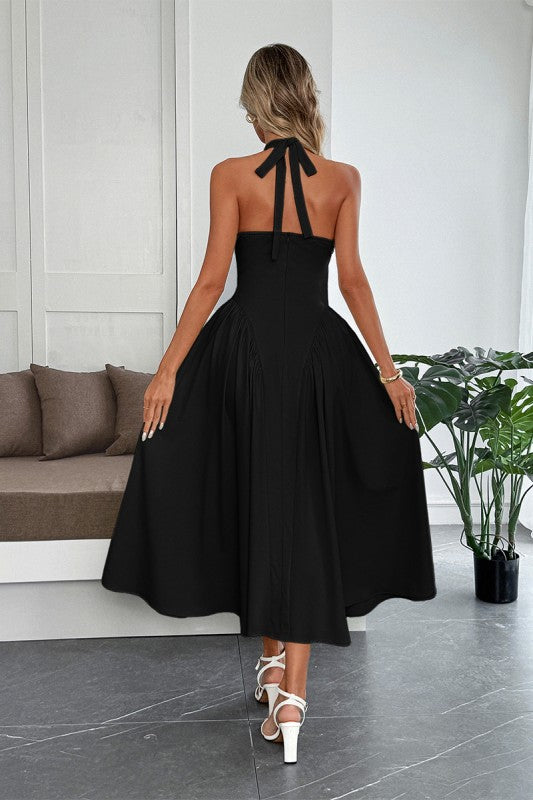 Solid Halter Hide Back Zipper Midi Sundress