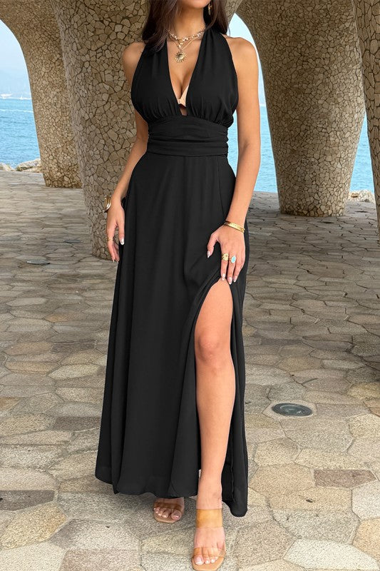 Halter V Neck Solid High Slit Bow Tie Maxi Dress