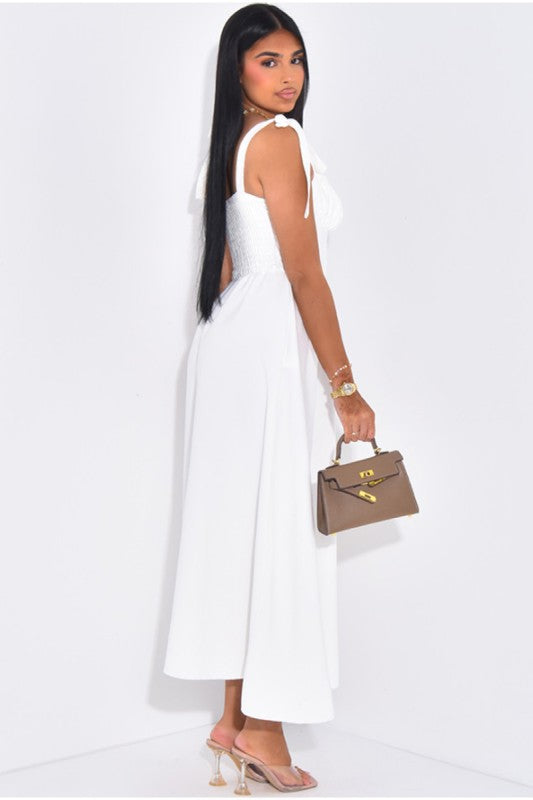 Solid Tie Straps Waist Corset Ruched Full Dress