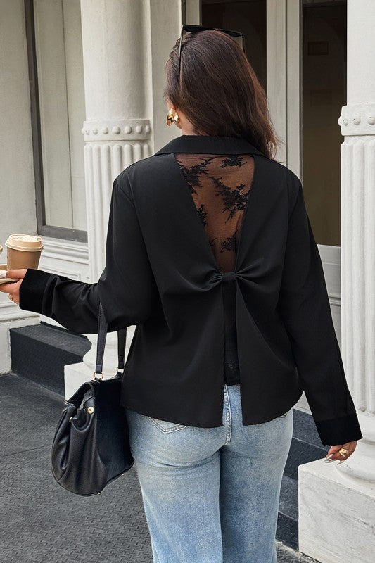 Plus Size V Neck Solid Lace Back Blouse