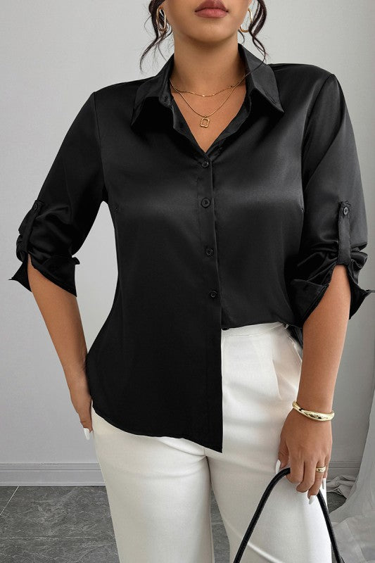 Plus Size Silk Long Sleeve Button Down Satin Shirt