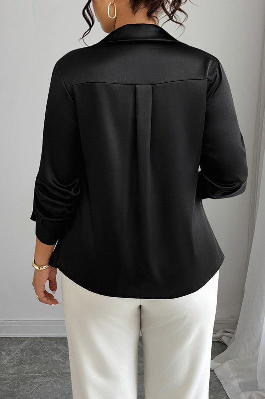 Plus Size Silk Long Sleeve Button Down Satin Shirt