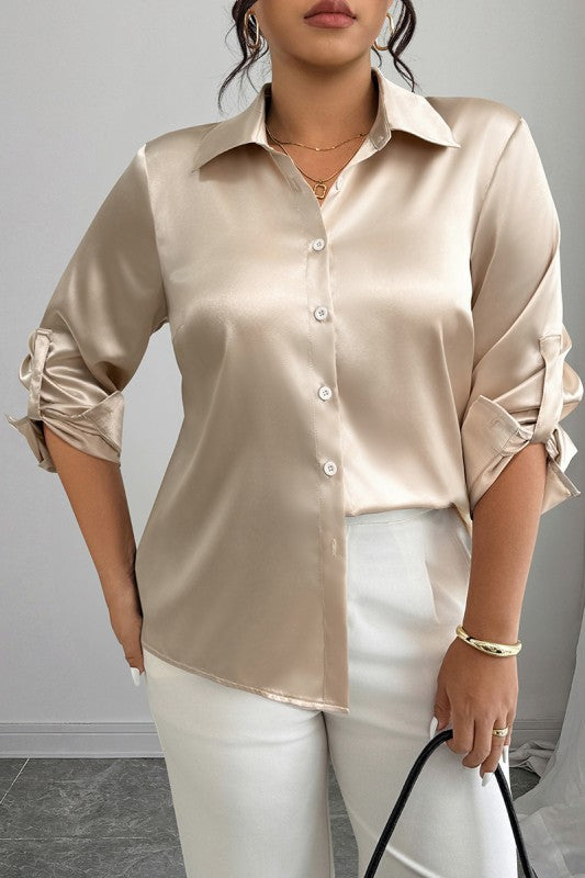 Plus Size Silk Long Sleeve Button Down Satin Shirt