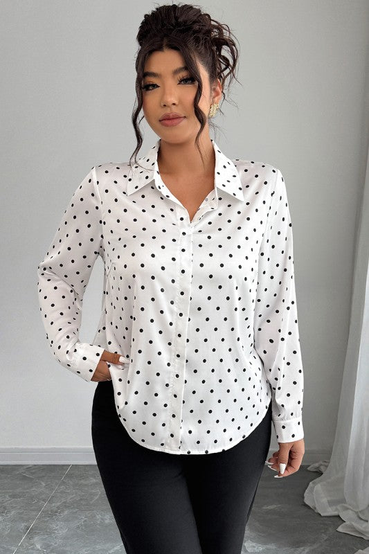 Plus Size Polka Dot Button Up Long Sleeve Shirt