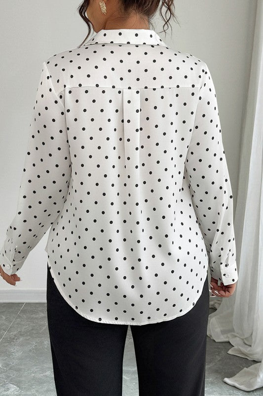 Plus Size Polka Dot Button Up Long Sleeve Shirt