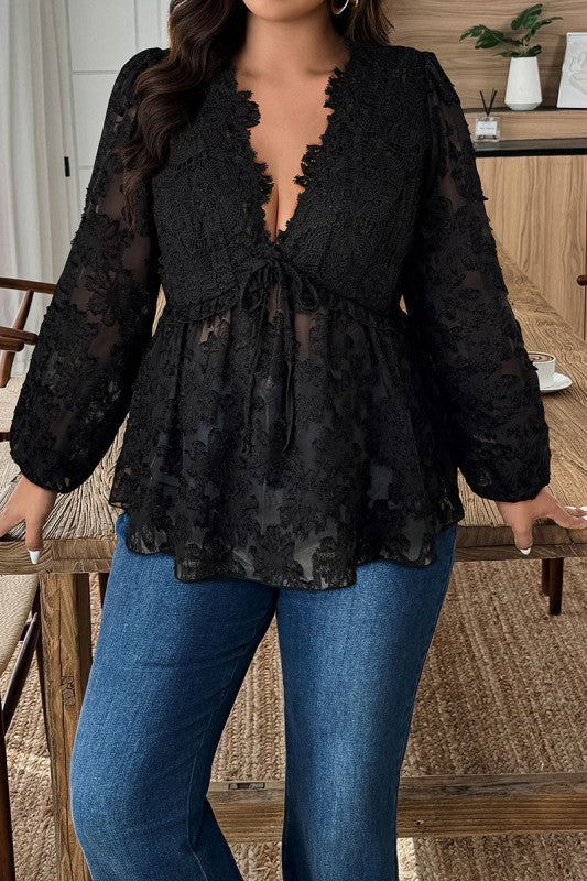 Plus Size Deep V Curve Contrast Lace Top