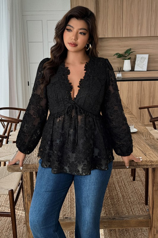 Plus Size Deep V Curve Contrast Lace Top