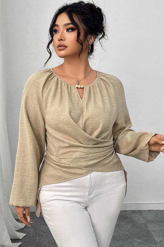 Plus Size Solid Crossed Long Sleeves Top