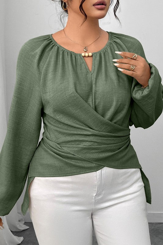 Plus Size Solid Crossed Long Sleeves Top
