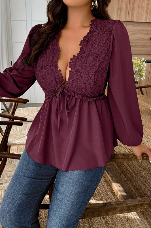 Plus Size Solid V Neck Lace Patchwork Shirt