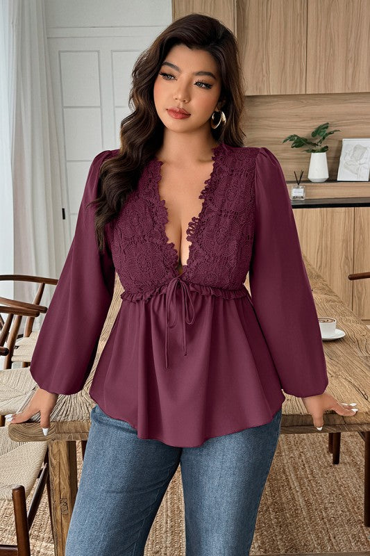 Plus Size Solid V Neck Lace Patchwork Shirt