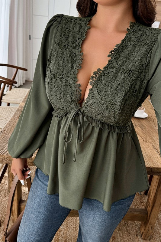Plus Size Solid V Neck Lace Patchwork Shirt
