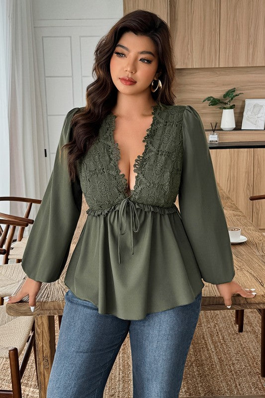 Plus Size Solid V Neck Lace Patchwork Shirt
