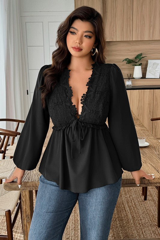Plus Size Solid V Neck Lace Patchwork Shirt