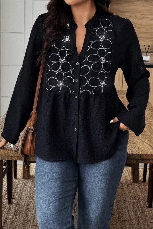 Plus Size V Neck Button Down Long Sleeve Shirts