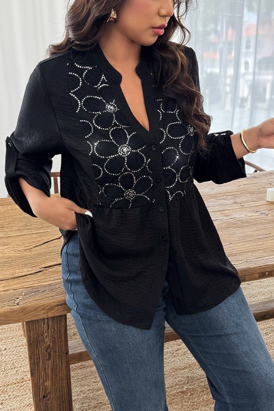 Plus Size V Neck Button Down Long Sleeve Shirts