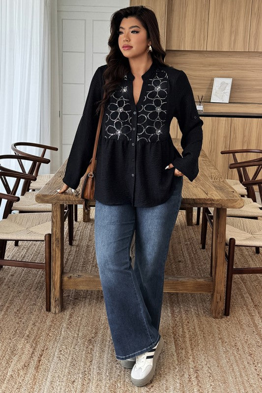 Plus Size V Neck Button Down Long Sleeve Shirts
