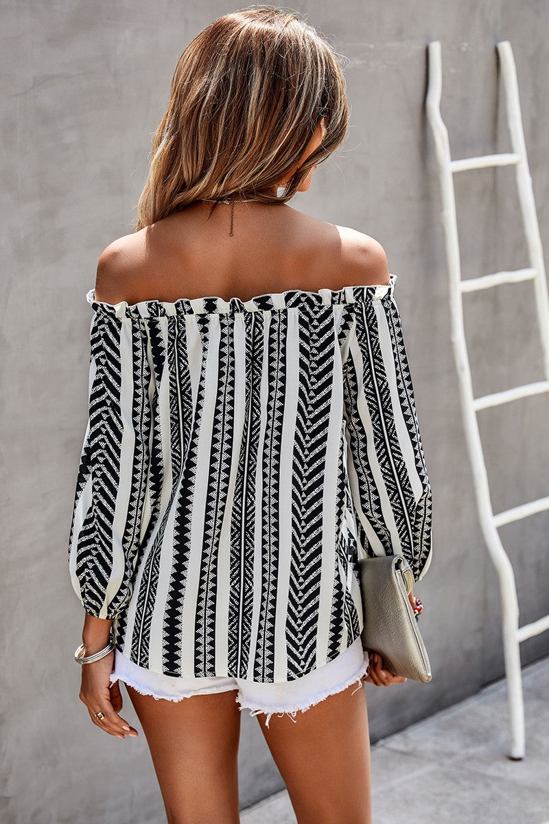 Printed Off Shoulder Frilled Tie Lantern Sleeve Shirt