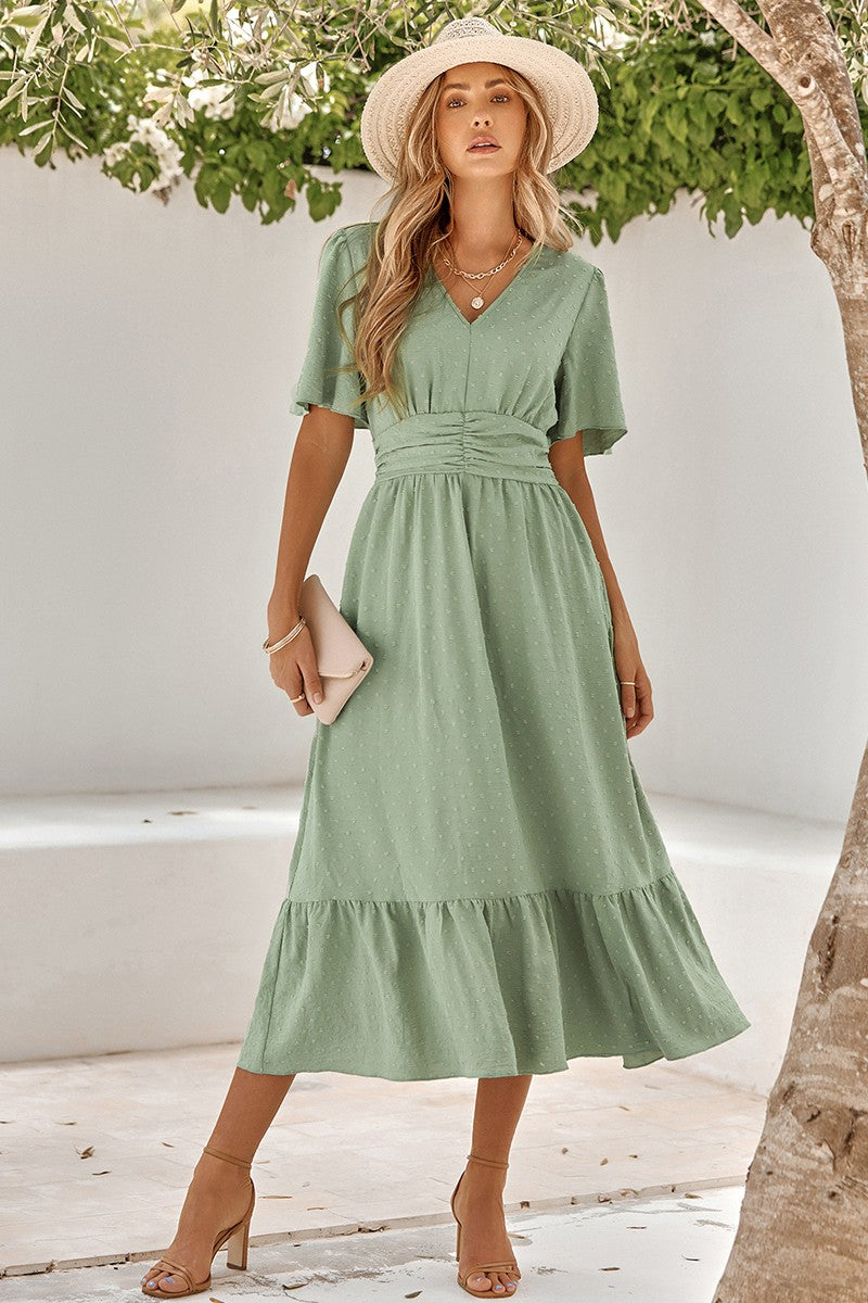 Dot V Neck Belt Solid Color Block Dress