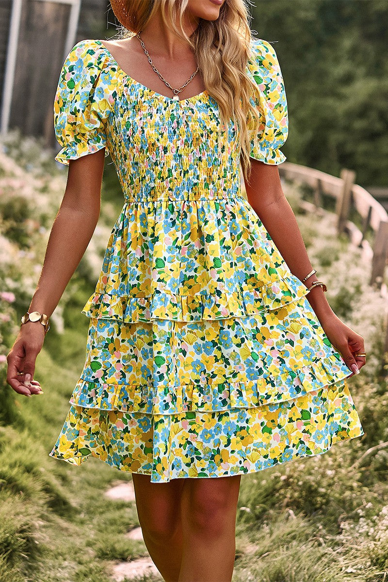 Floral Print Off Shoulder Flounce Sleeve Ruffle