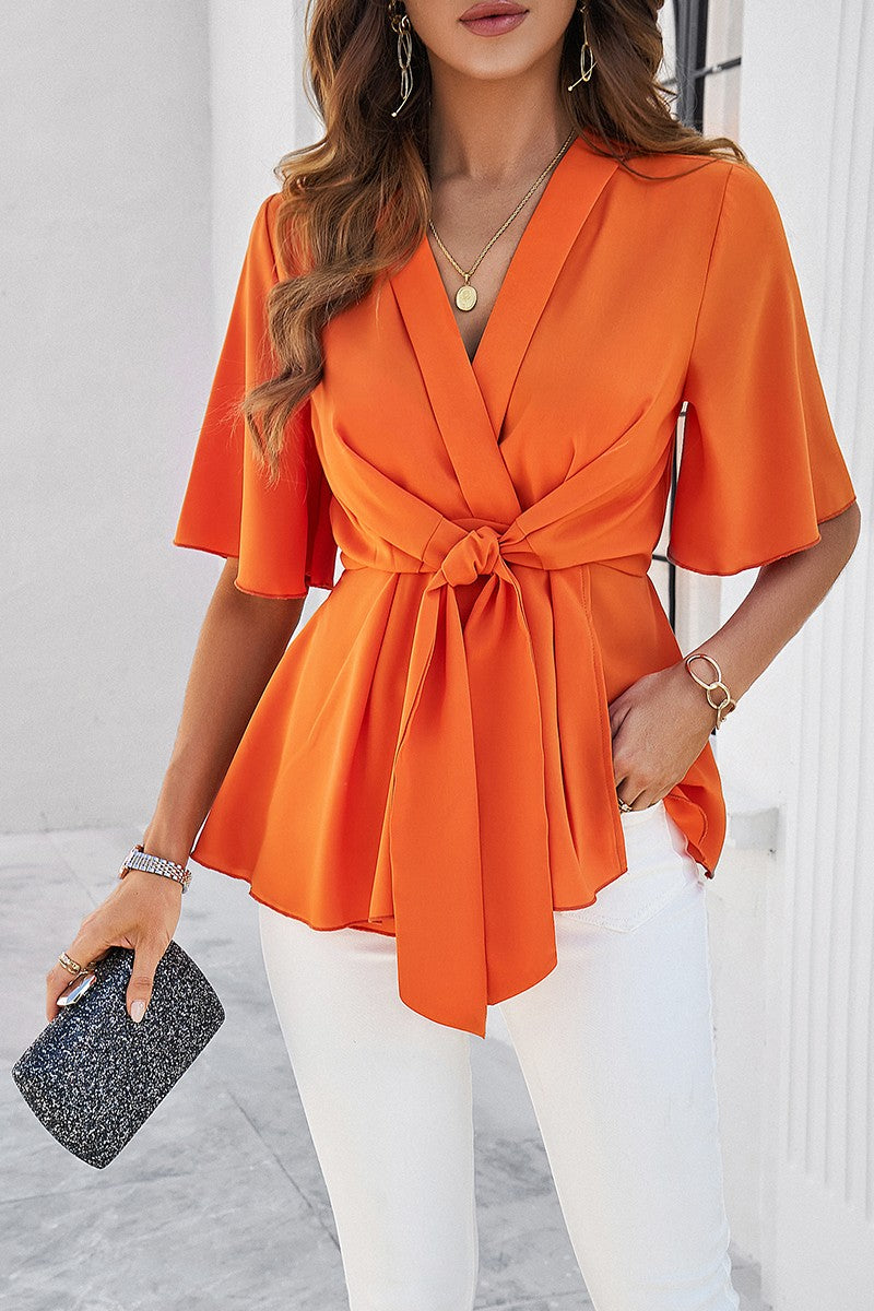 Wide Sleeve Deep V Knot Cross Ruffle Fit Blouse