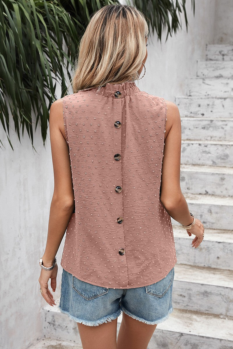 Swiss Dot Button Trim Sleeveless Loose Top