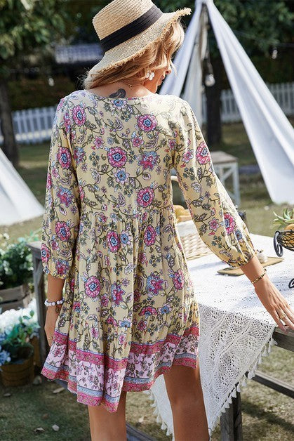Floral Printed Button Down V Neck Long Sleeve Dress